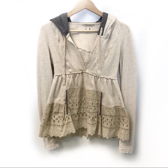 Free People Tops - Free People top hoodie eyelets stripes lace cream